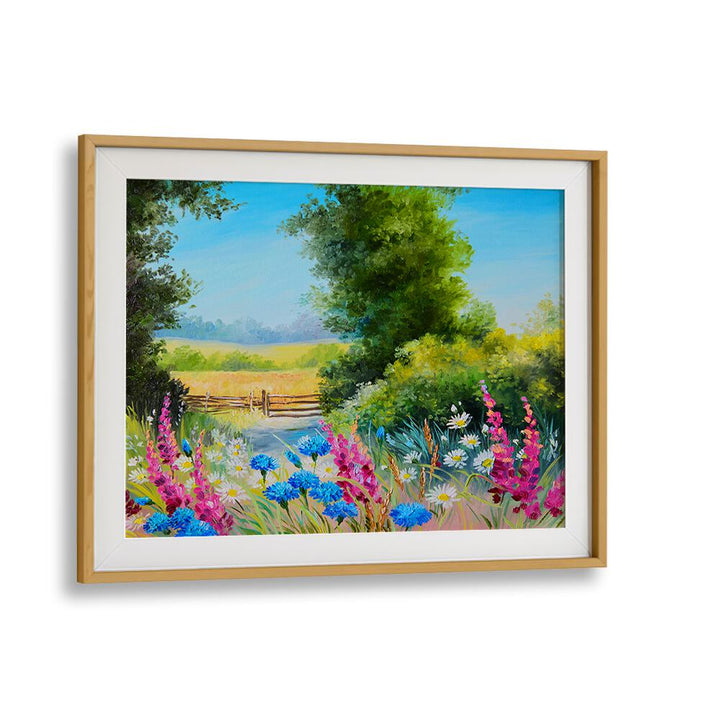 Flowering Pathway Vintage European Paintings in Oak Wood Frame With Mount