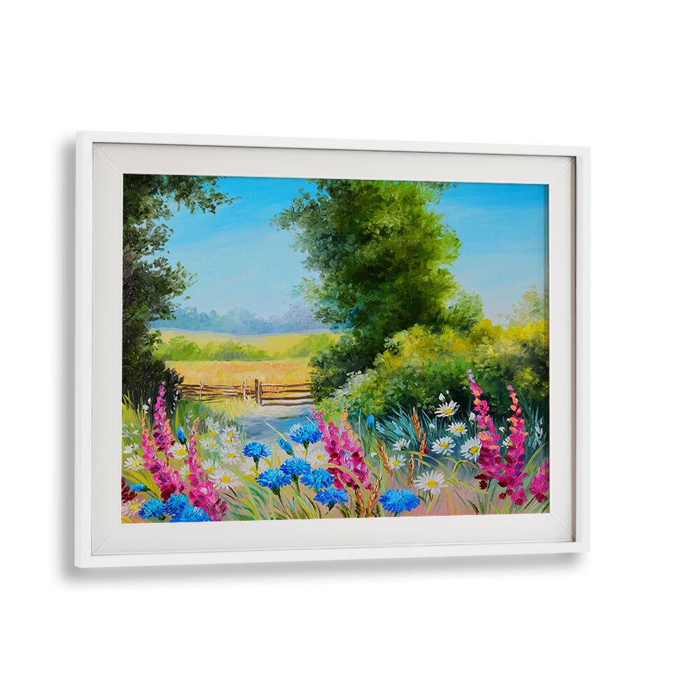 Flowering Pathway Vintage European Paintings in White Frame With Mount