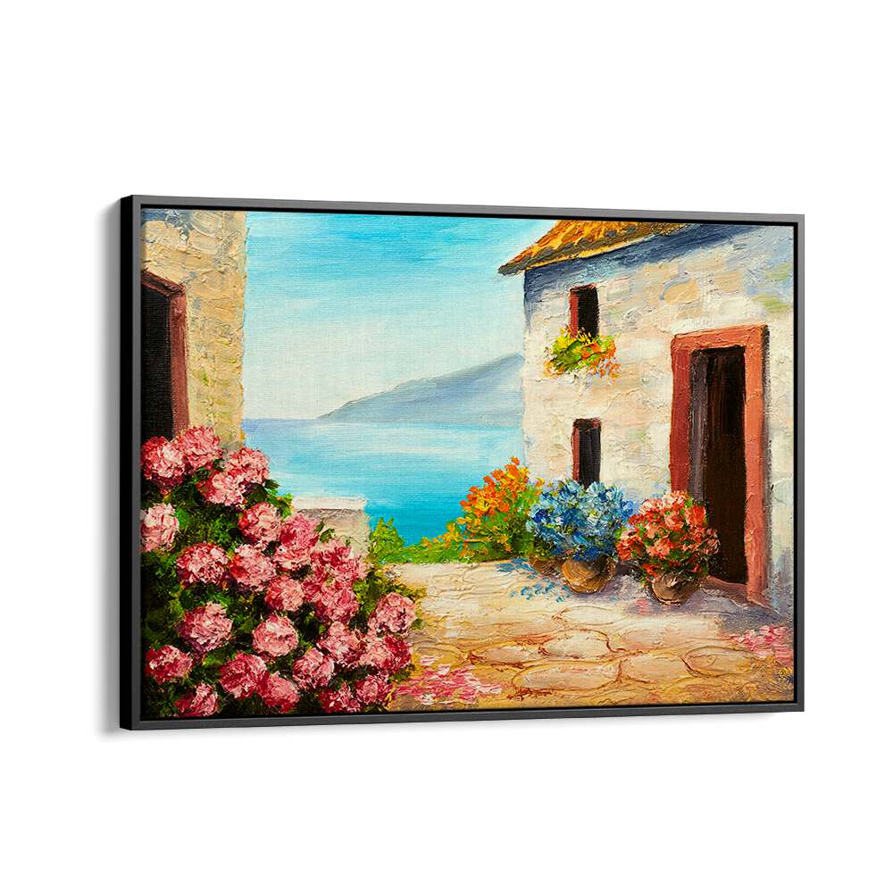 Flowering Seascape Vintage European Paintings in Black Floater Frame