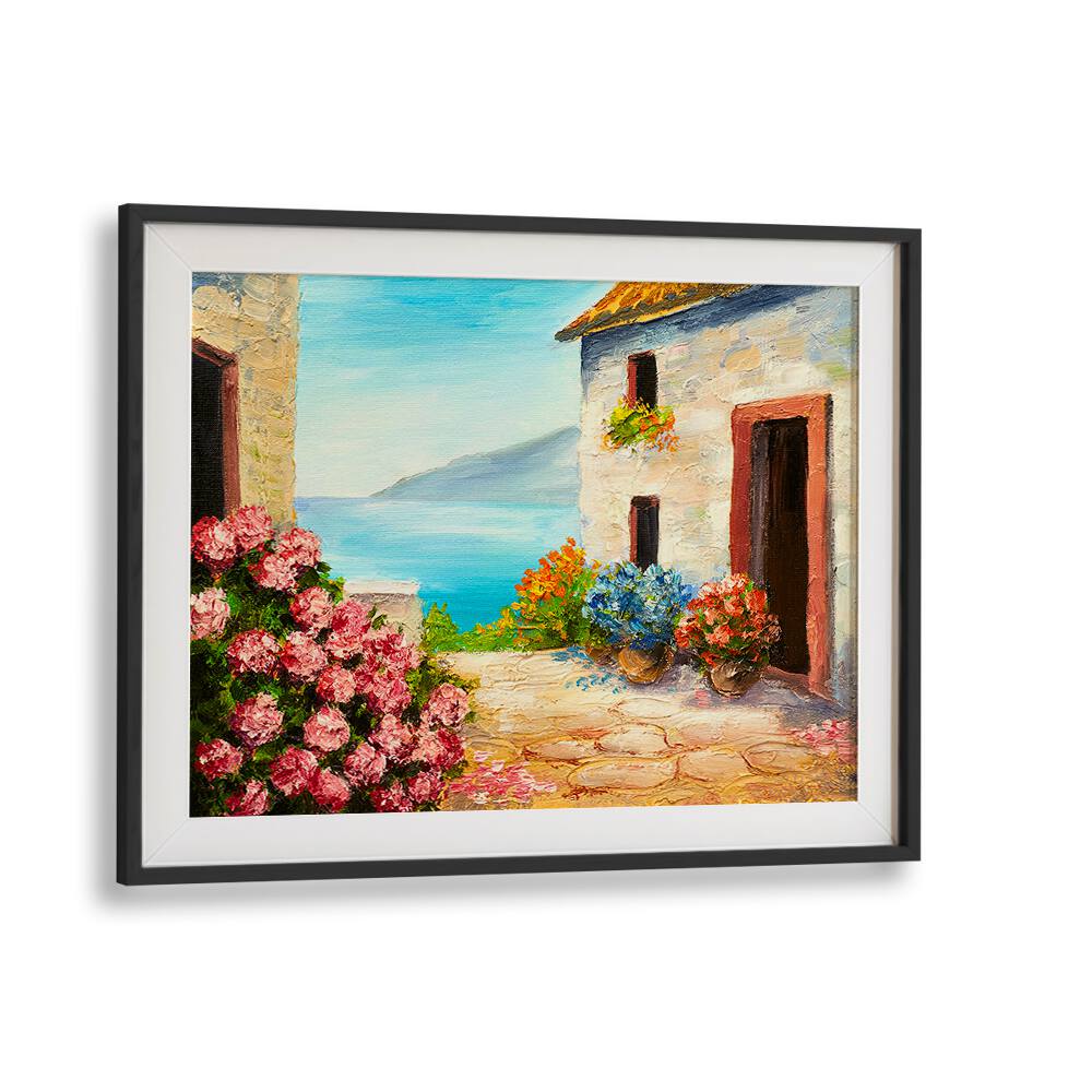 Flowering Seascape Vintage European Paintings in Black Frame With Mount