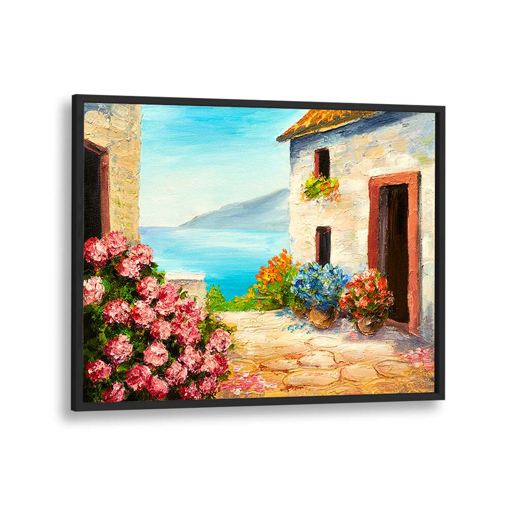 Flowering Seascape Vintage European Paintings in Black Plain Frame