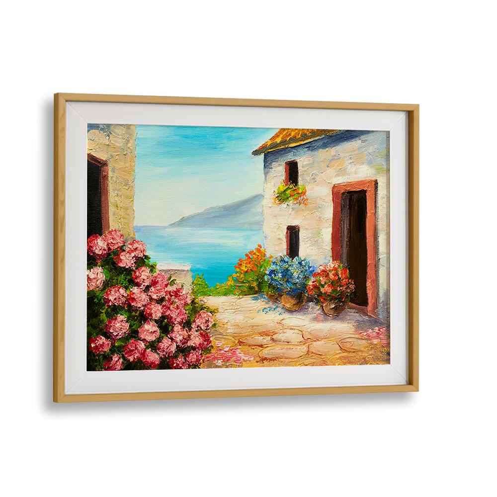 Flowering Seascape Vintage European Paintings in Oak Wood Frame With Mount