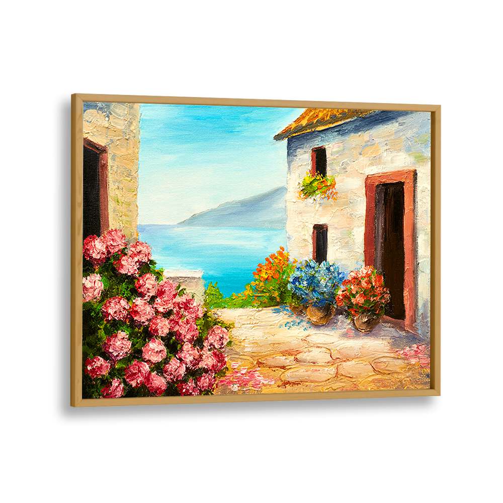 Flowering Seascape Vintage European Paintings in Oak Wood Plain Frame