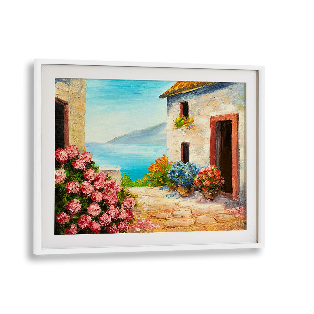 Flowering Seascape Vintage European Paintings in White Frame With Mount