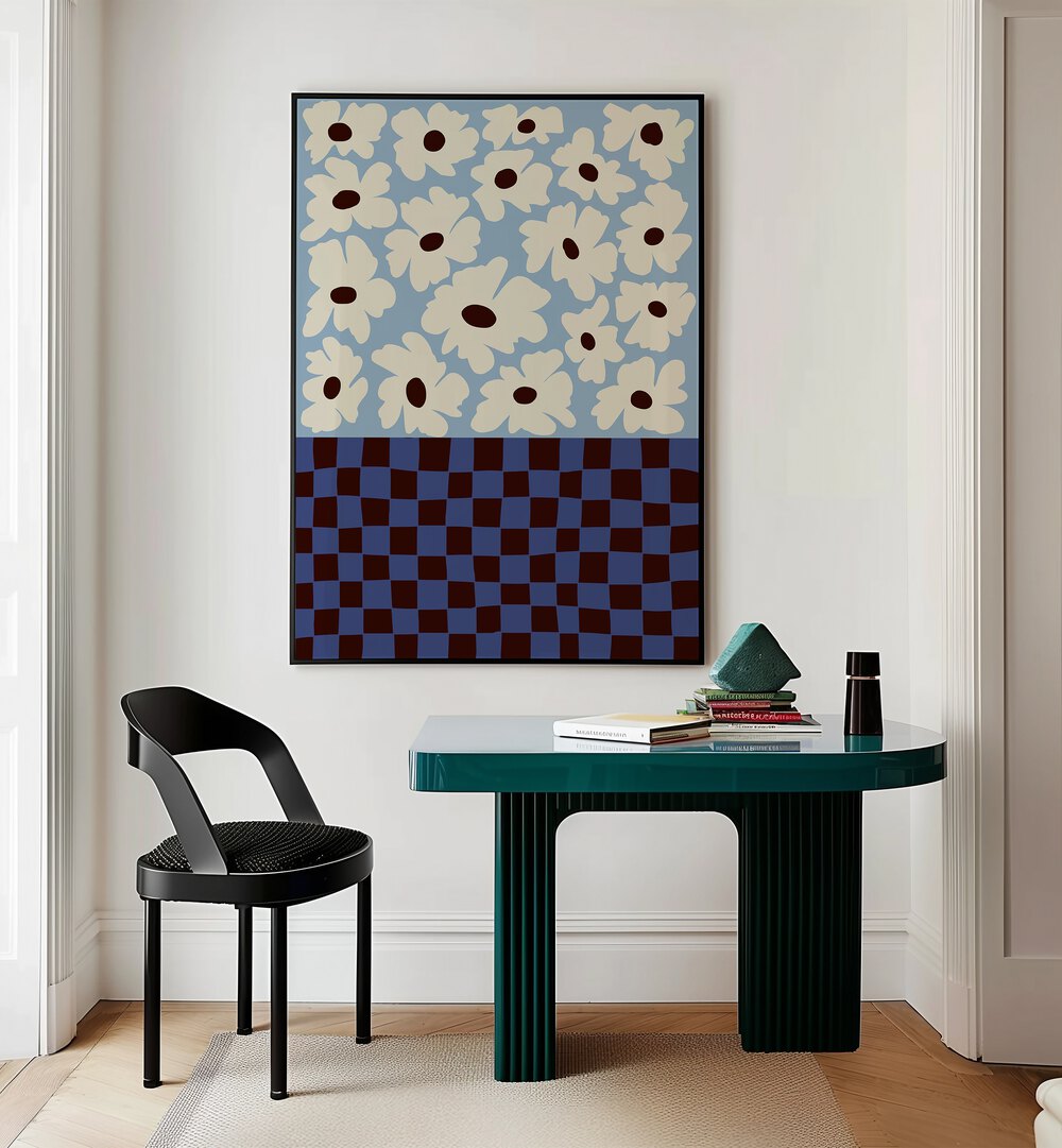 Flowers Checkerboard By Miho Art Studio Botanical Art Prints Floral Paintings in Black Plain Frame placed on a Cream Colored Wall near a Table in a Workspace in the Drawing Room