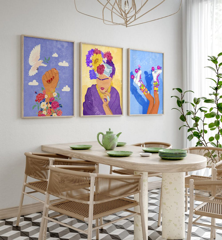 Flowers On A Good Day Set Of 3 Paintings in Oak Wood Plain Frame placed on a wall behind a dining table and beside a window for dining area