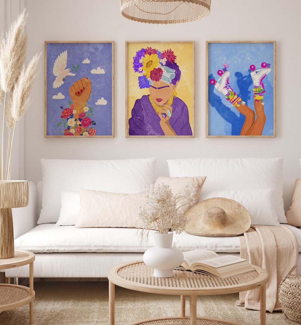 Flowers On A Good Day Set Of 3 Paintings in Oak Wood Plain Frame placed on a wall living room wall behind a sofa