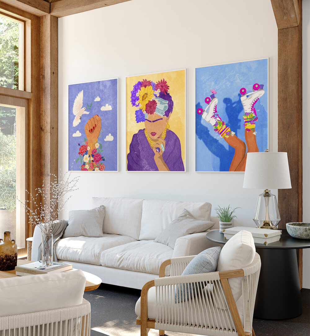 Flowers On A Good Day Set Of 3 Paintings in White Plain Frame placed on a wall living room wall behind a sofa