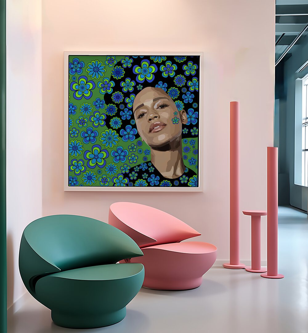 Flowers in the Air By Lynnda Rakos Pop Art Paintings Pop Art Prints in White Plain Frame placed on a wall beside a chair