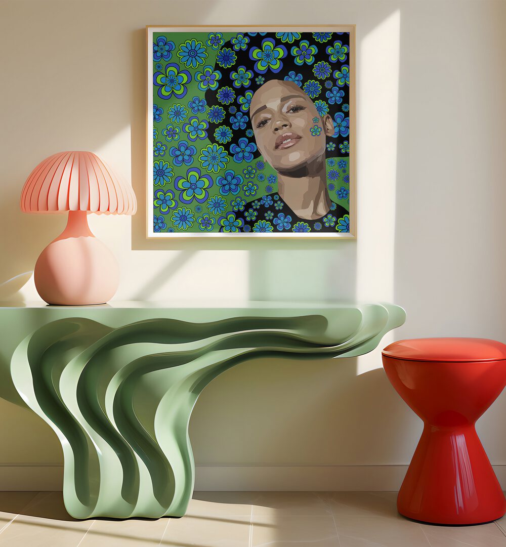 Flowers in the Air By Lynnda Rakos Pop Art Paintings Pop Art Prints in Oak Wood Plain Frame placed on a wall behind a table