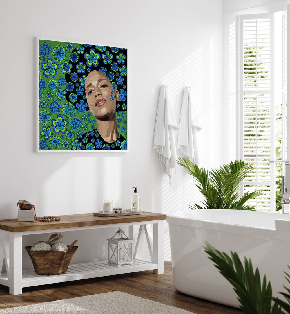 Flowers in the Air By Lynnda Rakos Pop Art Paintings Pop Art Prints in White Plain Frame placed on a bathroom wall beside a bathtub