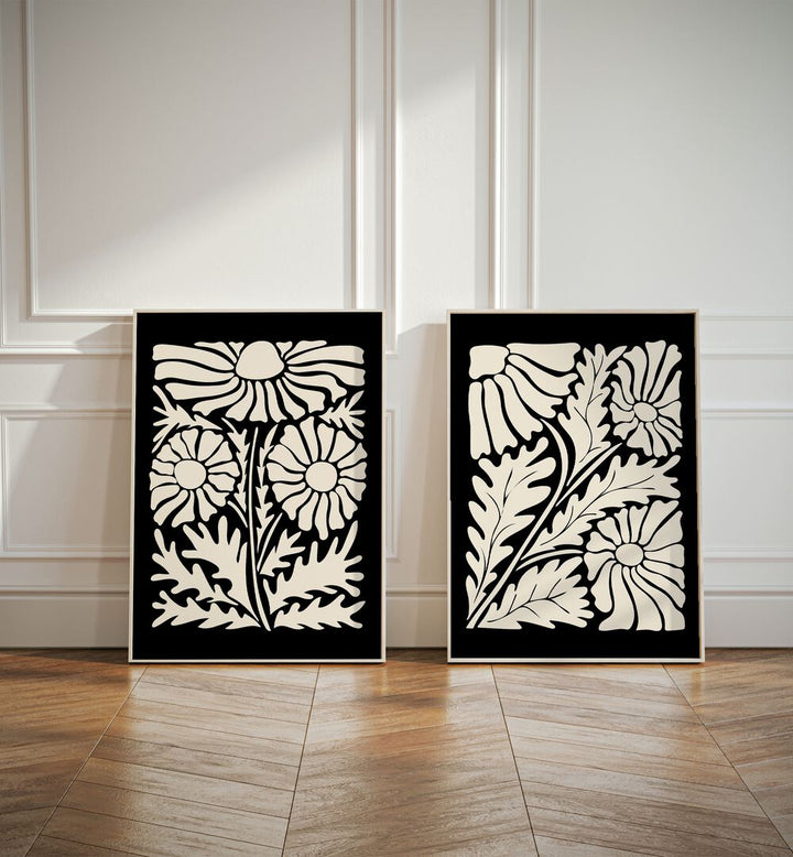 SET OF 2 painting - BLACK PATTERN FLOWERS by Asianmonk