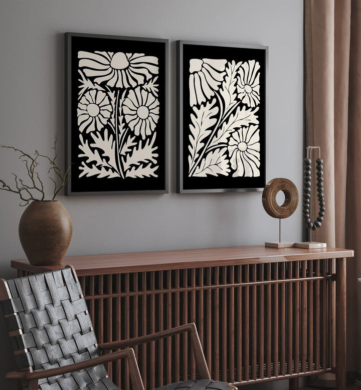 SET OF 2 painting - BLACK PATTERN FLOWERS by Asianmonk