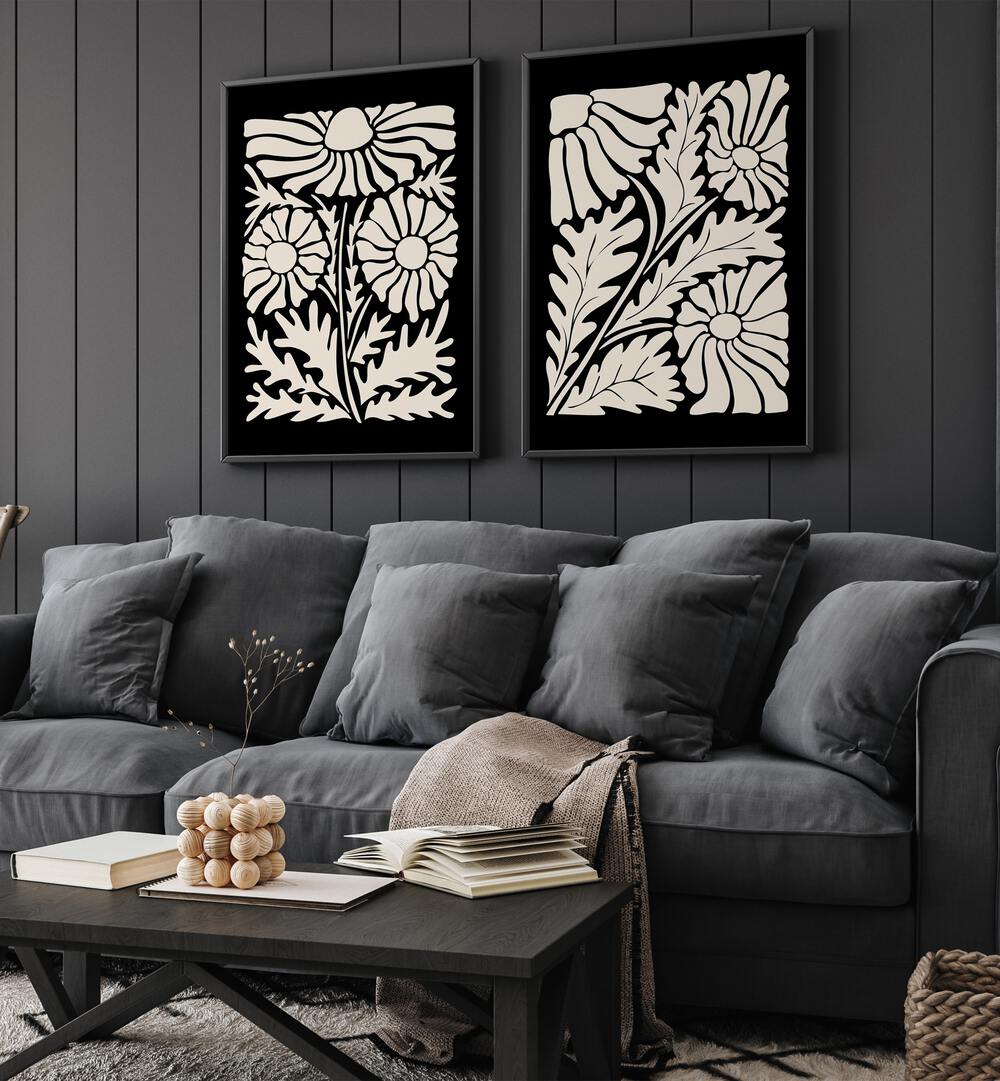 SET OF 2 painting - BLACK PATTERN FLOWERS by Asianmonk