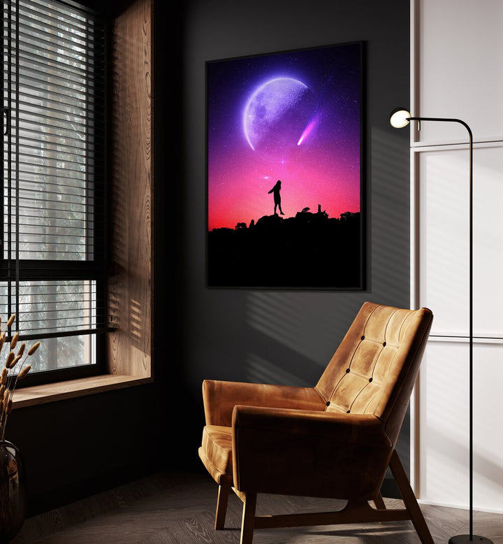 Fluoresce By Ritvik Takkar Surreal Art Prints in Black Plain Frame placed on a Dark Grey Colored Wall in the Drawing Room