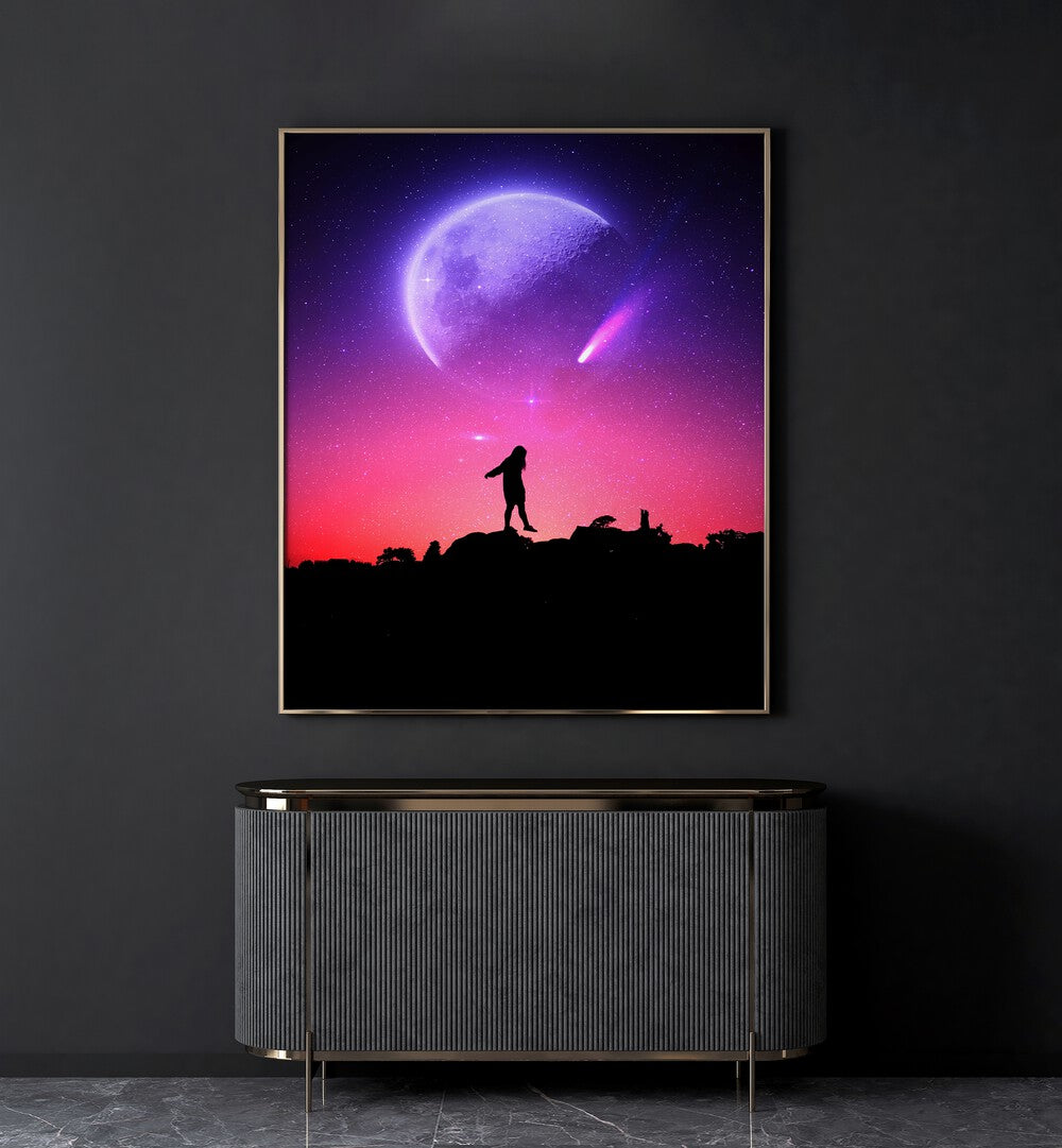 Fluoresce By Ritvik Takkar Surreal Art Prints in Gold Plain Frame placed on a Dark Grey Colored Wall above a Console Table in the Drawing Room