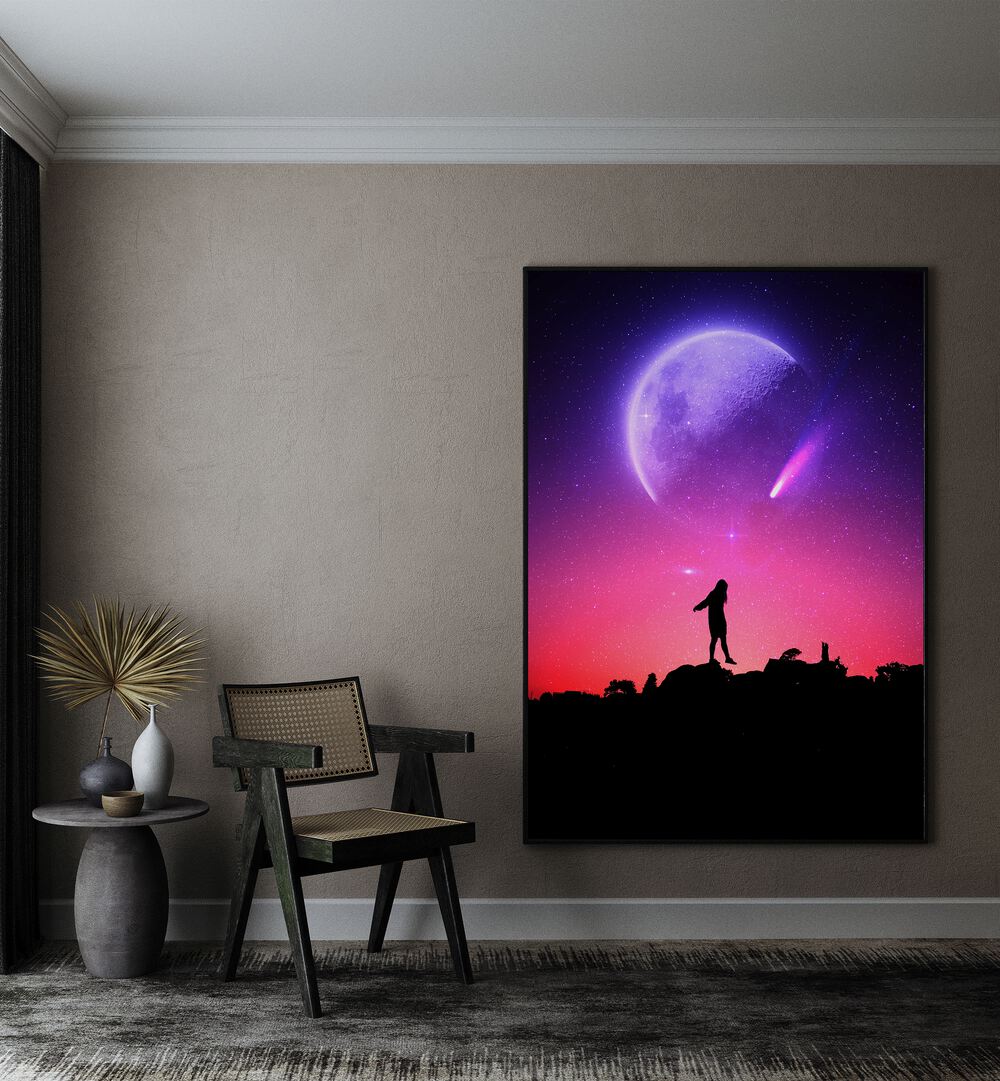 Fluoresce By Ritvik Takkar Surreal Art Prints in Black Plain Frame placed on a Beige Colored Wall in the Drawing Room