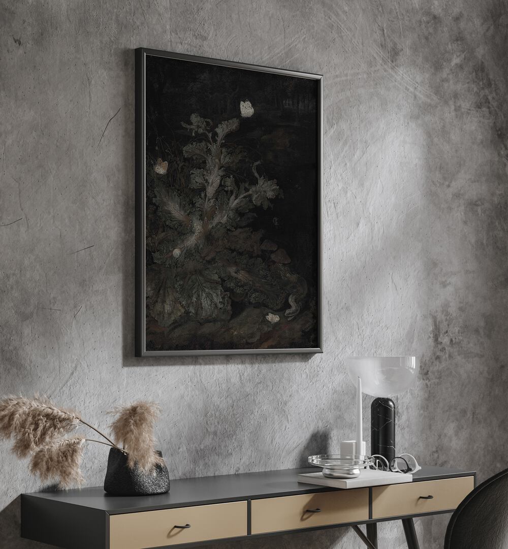 Fluttering Canopy The Forest Of Butterflies Gothic Art Prints in Black Plain Frame hanging on wall above console table.