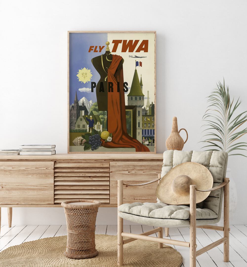 Fly Twa-paris Retro Vintage Travel Travel Posters in Oak Wood Plain Frame on a wall above a console table beside a lamp