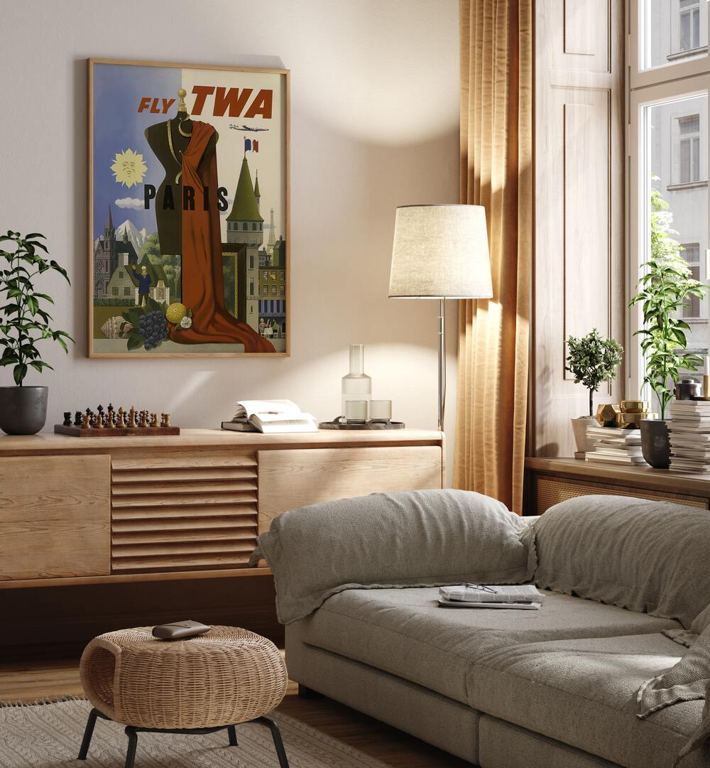 Fly Twa-paris Retro Vintage Travel Travel Posters in Oak Wood Plain Frame on a wall above a console table beside a lamp