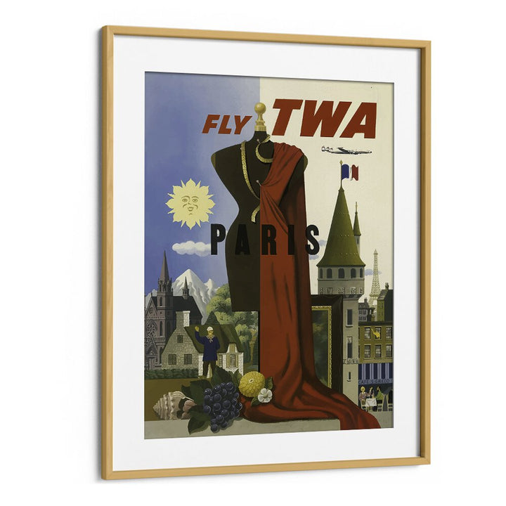 Fly Twa-paris Retro Vintage Travel Travel Posters in Oak Wood Frame With Mount