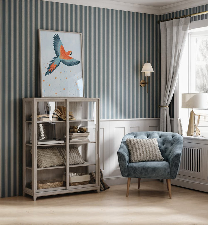 Fly With Me Blue By Goed Blauw Kids Room Paintings Kids Room Wall Art in Oak Wood Plain Frame placed on a Cabinet near a Blue and Grey Striped Wall in the Drawing Room