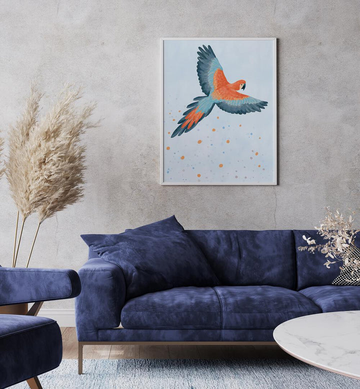 Fly With Me Blue By Goed Blauw Kids Room Paintings Kids Room Wall Art in White Plain Frame placed on a Grey Colored Wall  near a Blue Sofa in the Living Room