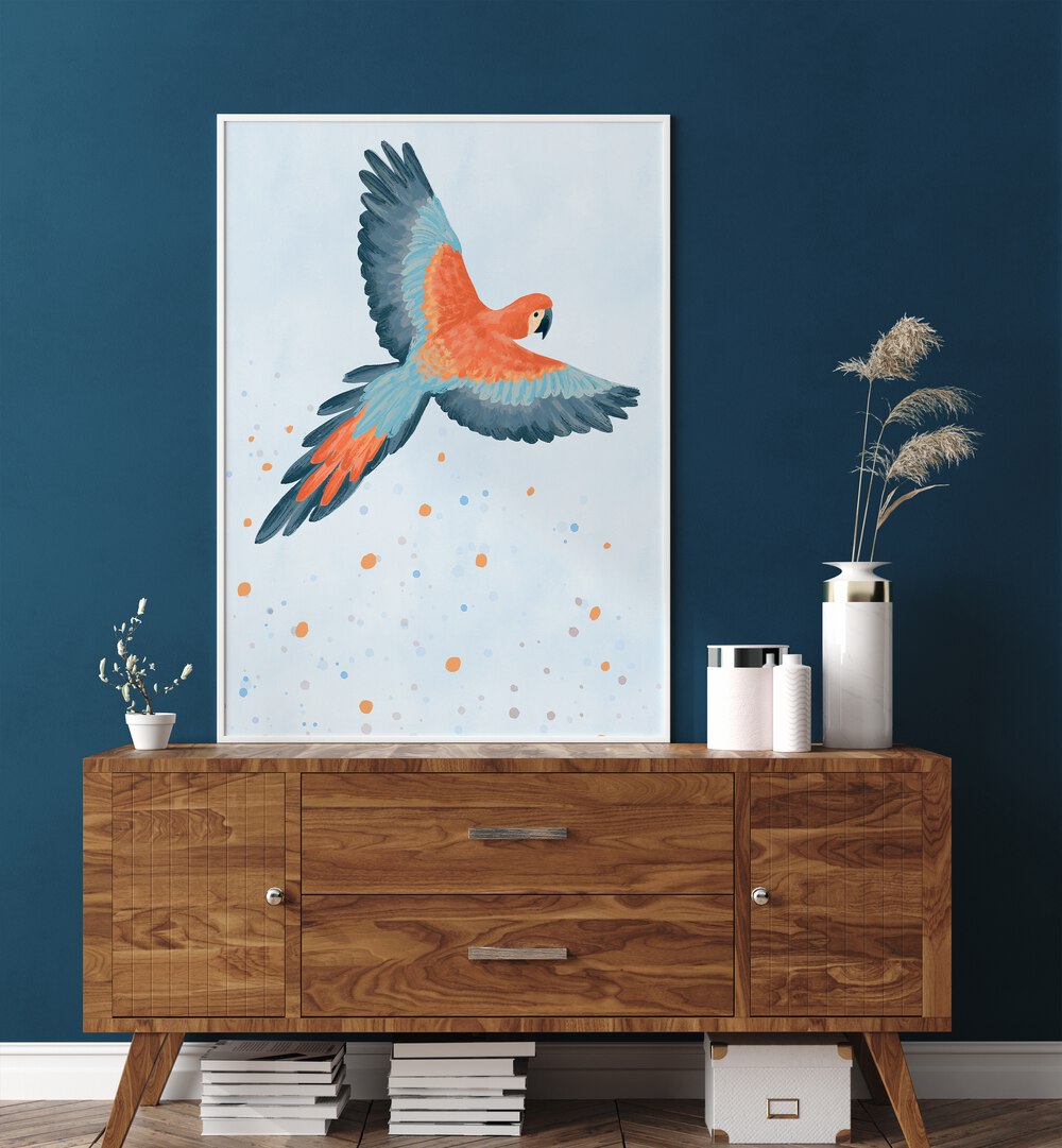 Fly With Me Blue By Goed Blauw Kids Room Paintings Kids Room Wall Art in White Plain Frame placed on a Console Table near a Blue Colored Wall in the Drawing Room