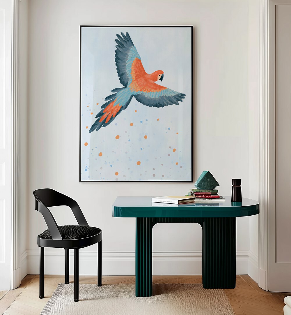 Fly With Me Blue By Goed Blauw Kids Room Paintings Kids Room Wall Art in Black Plain Frame placed on a Cream Colored Wall above a Table in the Drawing Room