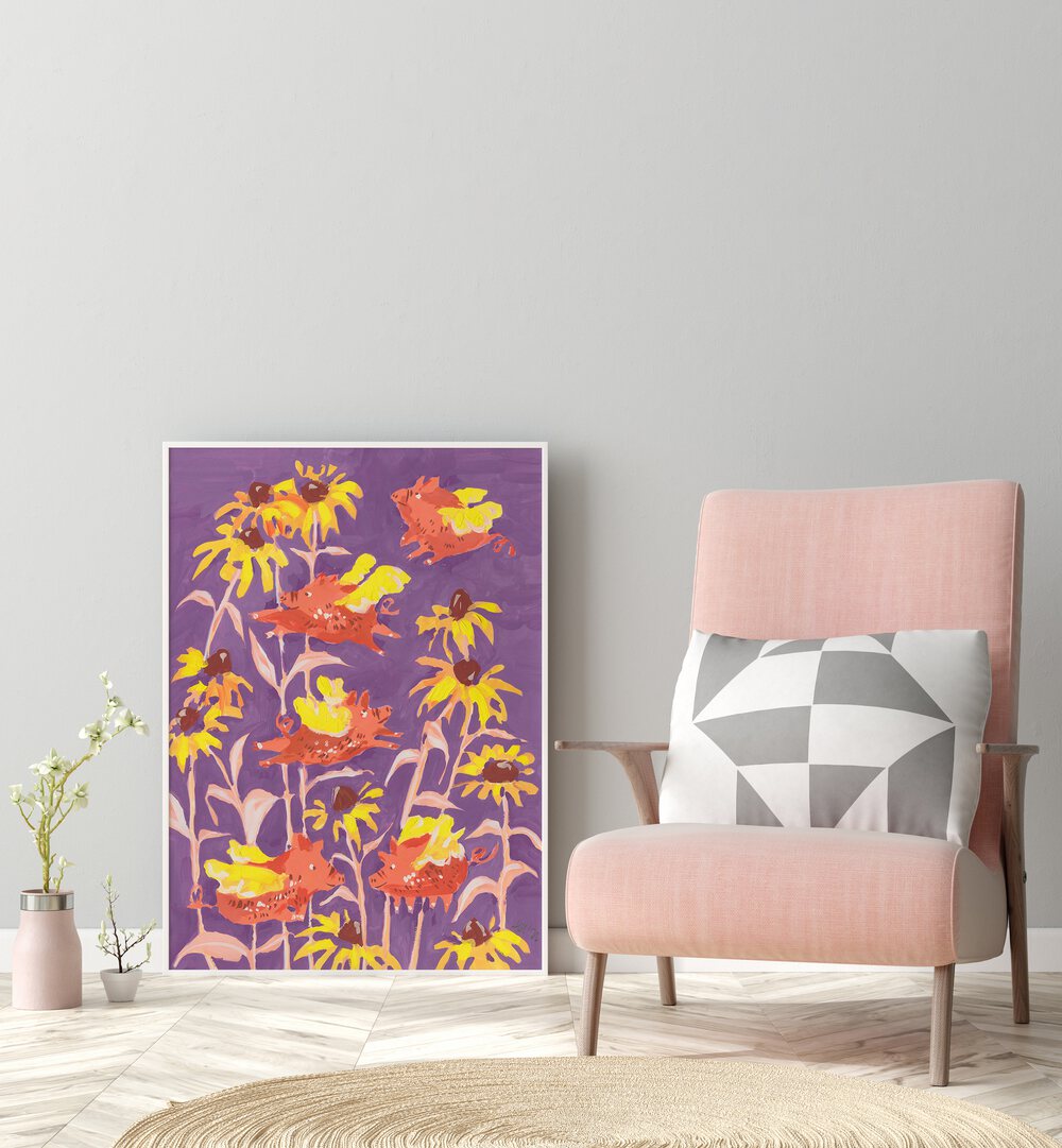 Flying Piglets By Ania Zwara Botanical Art Prints Floral Paintings in White Plain Frame placed on the floor near a Grey Colored Wall in the Drawing Room