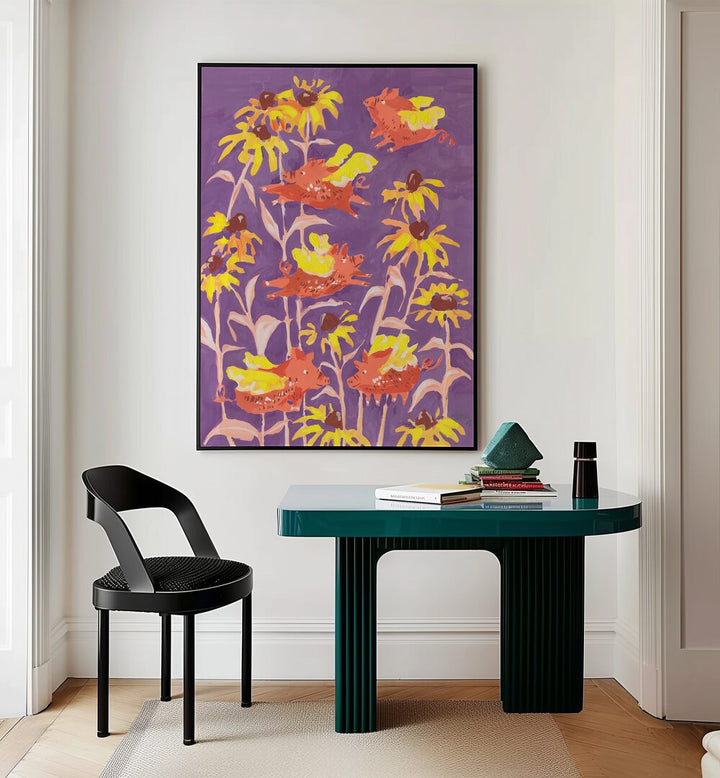 Flying Piglets By Ania Zwara Botanical Art Prints Floral Paintings in Black Plain Frame placed on a Cream Colored Wall near a Table in a Workspace in the Drawing Room