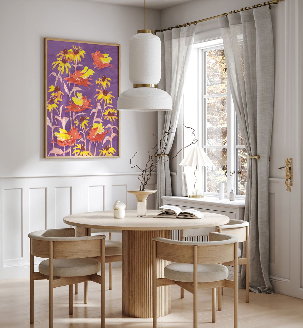 Flying Piglets By Ania Zwara Botanical Art Prints Floral Paintings in Oak Wood Plain Frame placed on a White Colored Wall near a Coffee Table in the Dining Room