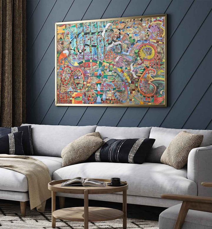 FLYING TOWARDS ETERNITY , ABSTRACT PAINTINGS framed, layered brushwork in earth tones with luminous highlights above sofa