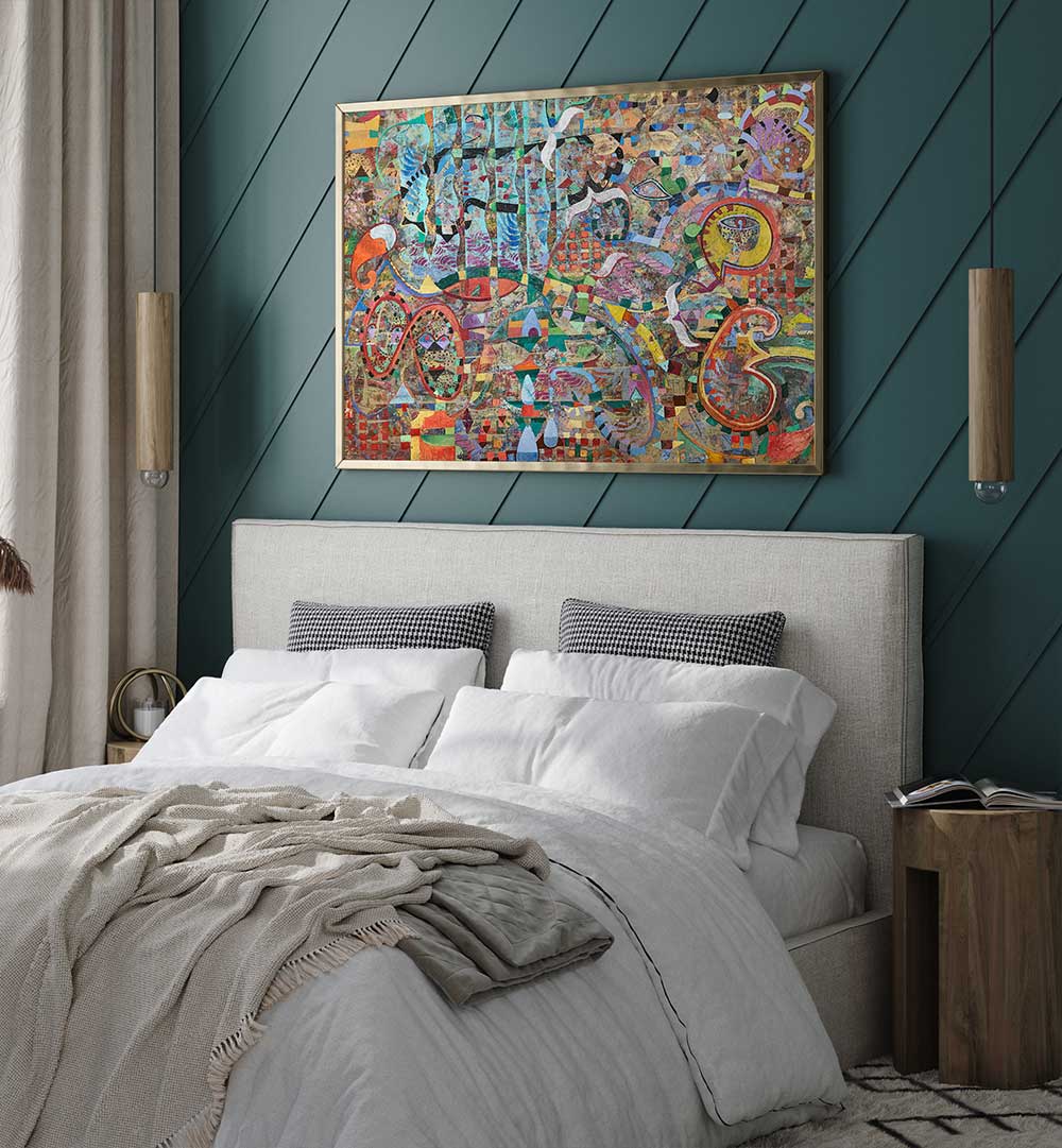 Bedroom wall art: FLYING TOWARDS ETERNITY , ABSTRACT PAINTINGS in warm earth tones and luminous highlights above bed