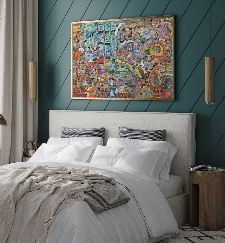 Bedroom wall art: FLYING TOWARDS ETERNITY , ABSTRACT PAINTINGS in warm earth tones and luminous highlights above bed