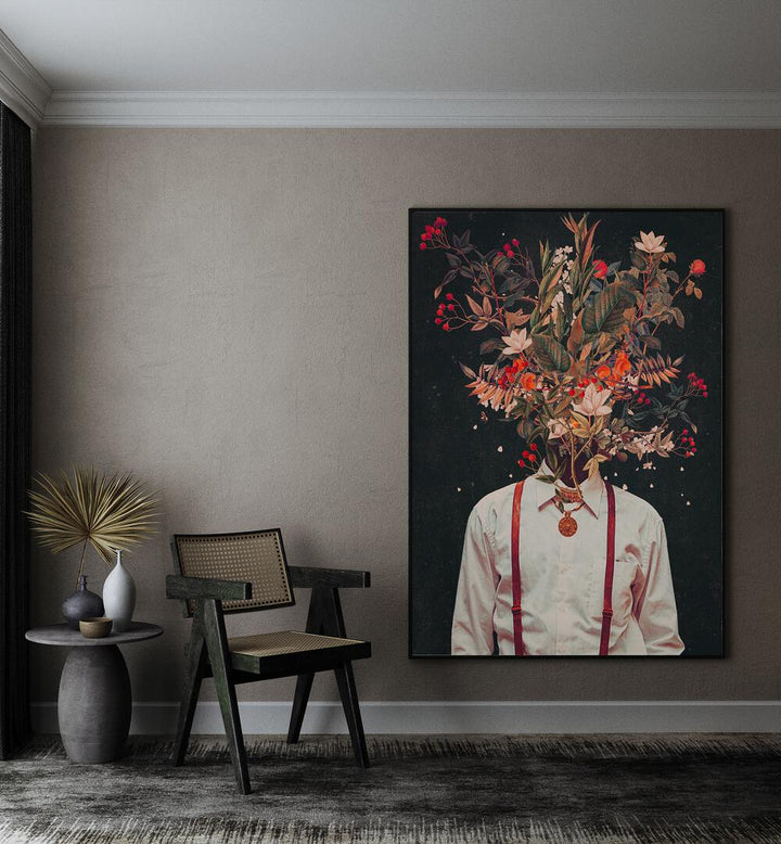 Foliage By Frank Moth Surreal Art Prints Surrealism in Black Plain Frame placed on a wall beside a chair