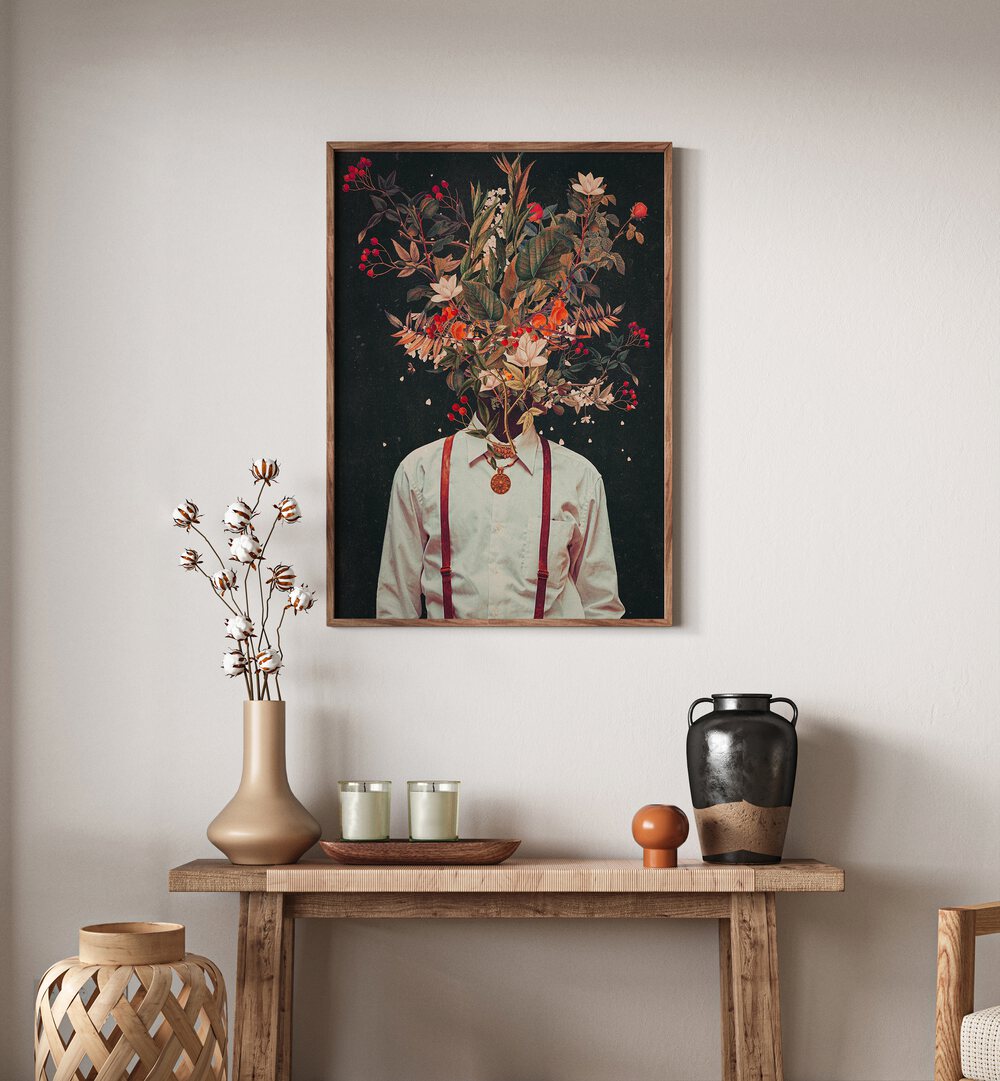 Foliage By Frank Moth Surreal Art Prints Surrealism in Oak Wood Plain Frame placed on a wall behind a table