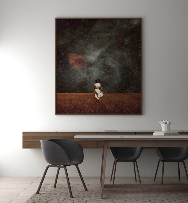 Follow Me By Frank Moth Surreal Art Prints Surrealism in Dark Wood Plain Frame placed on a wall behind a table