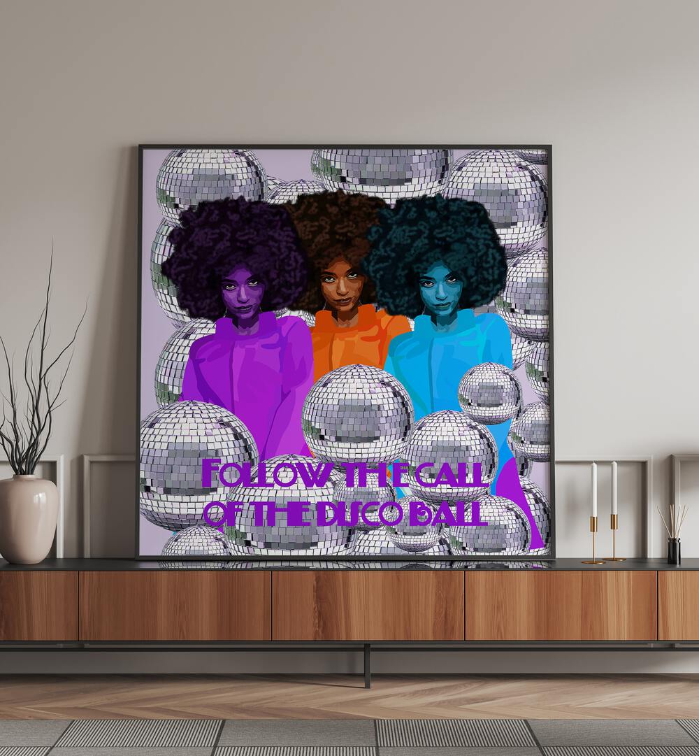 Follow the Call of the Disco Ball By Lynnda Rakos Pop Art Paintings Pop Art Prints in Black Plain Frame placed on a console