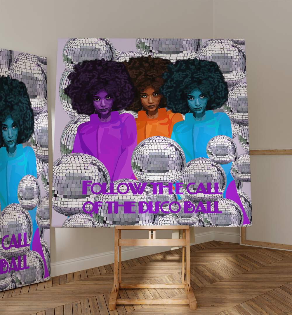 Follow the Call of the Disco Ball By Lynnda Rakos Pop Art Paintings Pop Art Prints in Gallery Wrap  placed on a easel stand beside an artwork