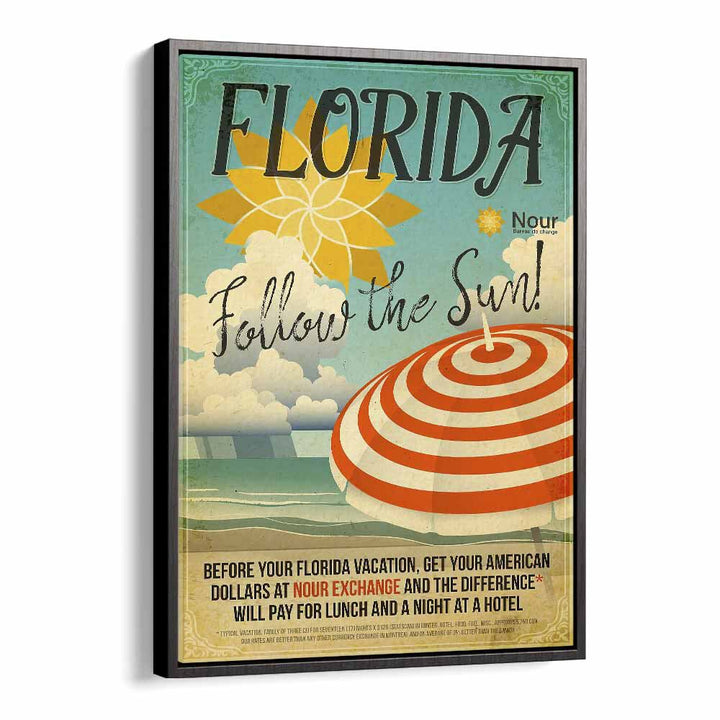 Follow the Sun  Retro Travel Posters in Black Floater Frame