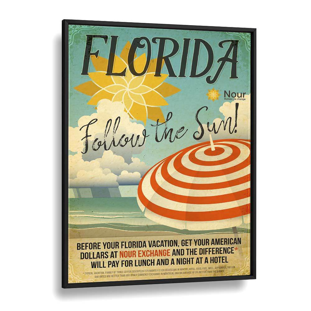 Follow the Sun  Retro Travel Posters in Black Plain Frame