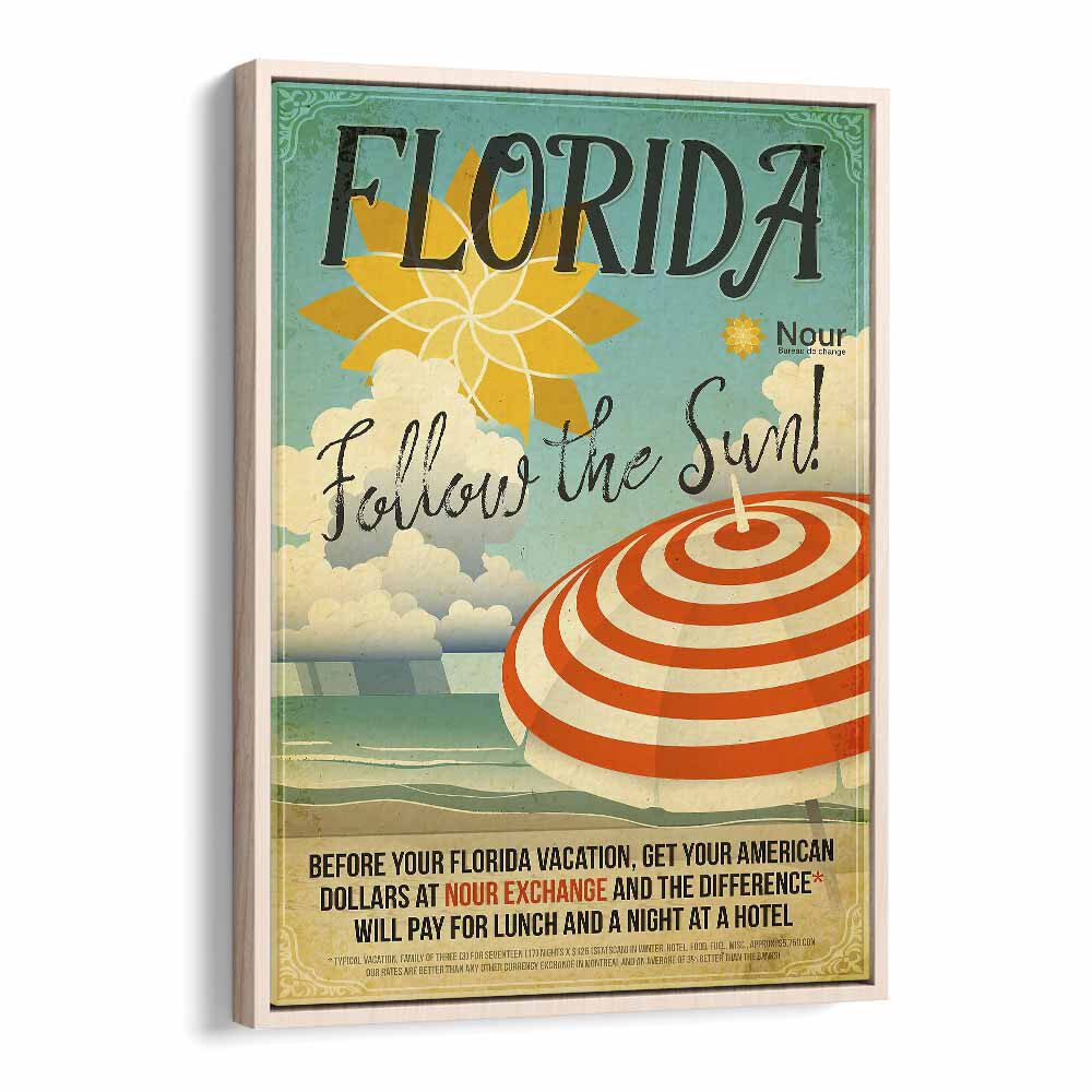 Follow the Sun  Retro Travel Posters in Oak Wood Floater Frame