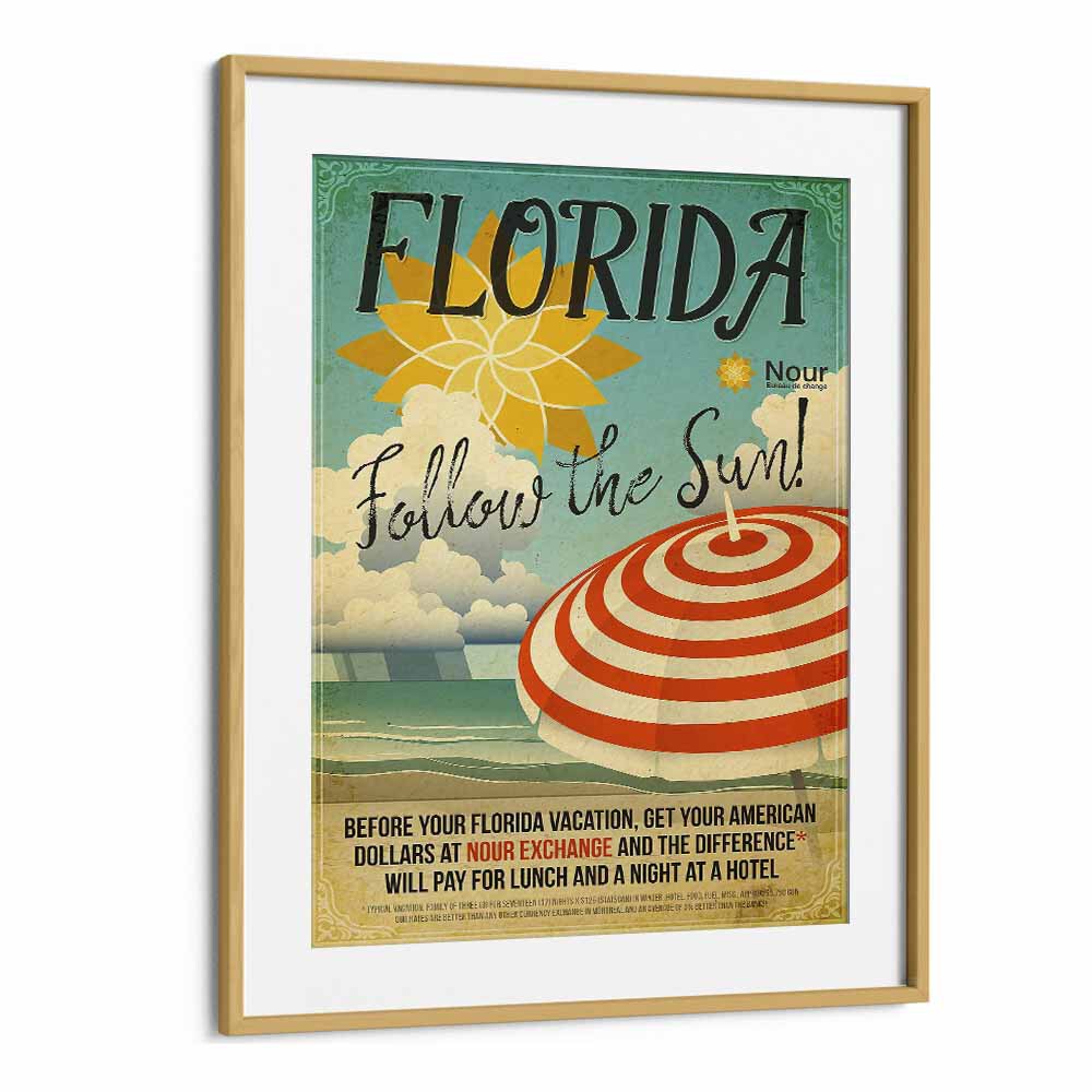 Follow the Sun  Retro Travel Posters in Oak Wood Frame With Mount