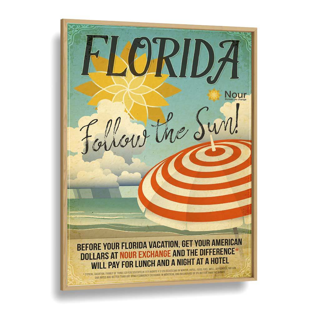 Follow the Sun  Retro Travel Posters in Oak Wood Plain Frame