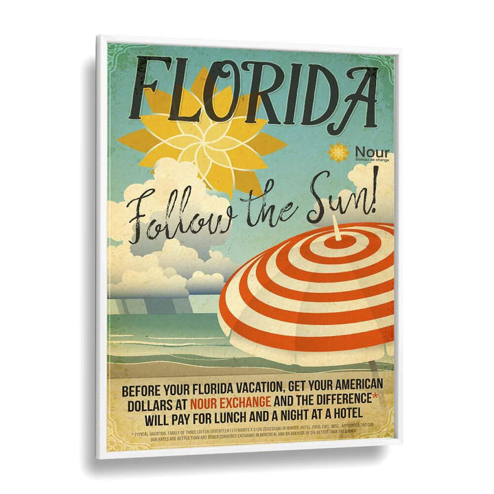 Follow the Sun  Retro Travel Posters in White Plain Frame