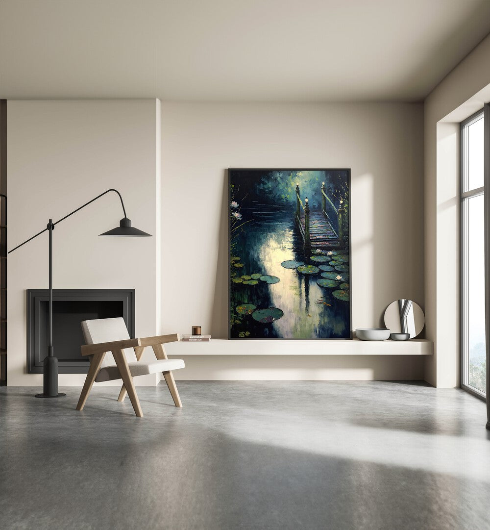 Footbridge By The Water By Treechild Landscape Art Prints in Black Plain Frame placed on a Shelf near a Cream Colored Wall in the Drawing Room