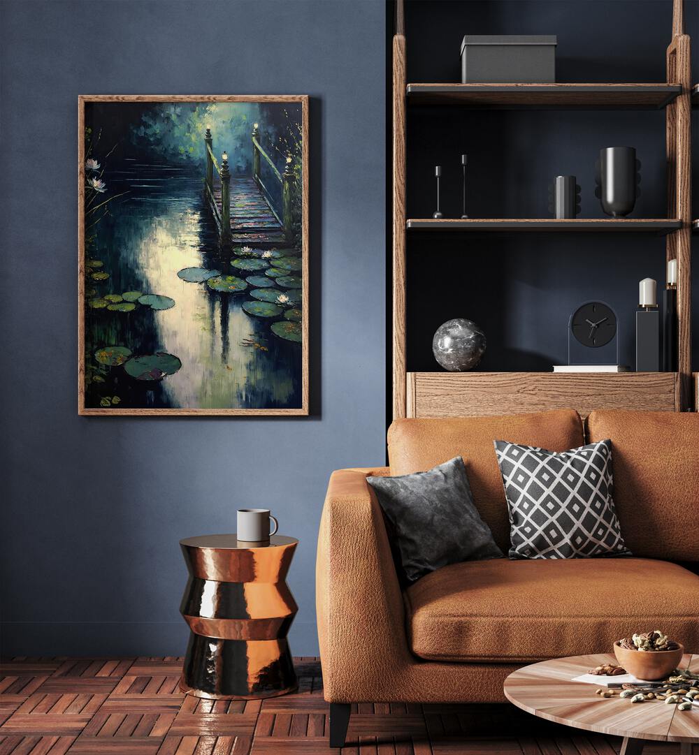 Footbridge By The Water By Treechild Landscape Art Prints in Oak Wood Plain Frame placed on a Blue Colored Wall near a Brown Sofa in the Living Room