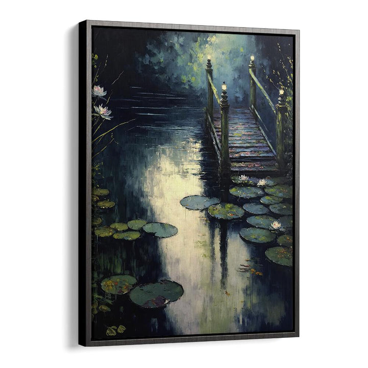 Footbridge by the Water by Treechild Landscape Art Prints in Black Floater Frame