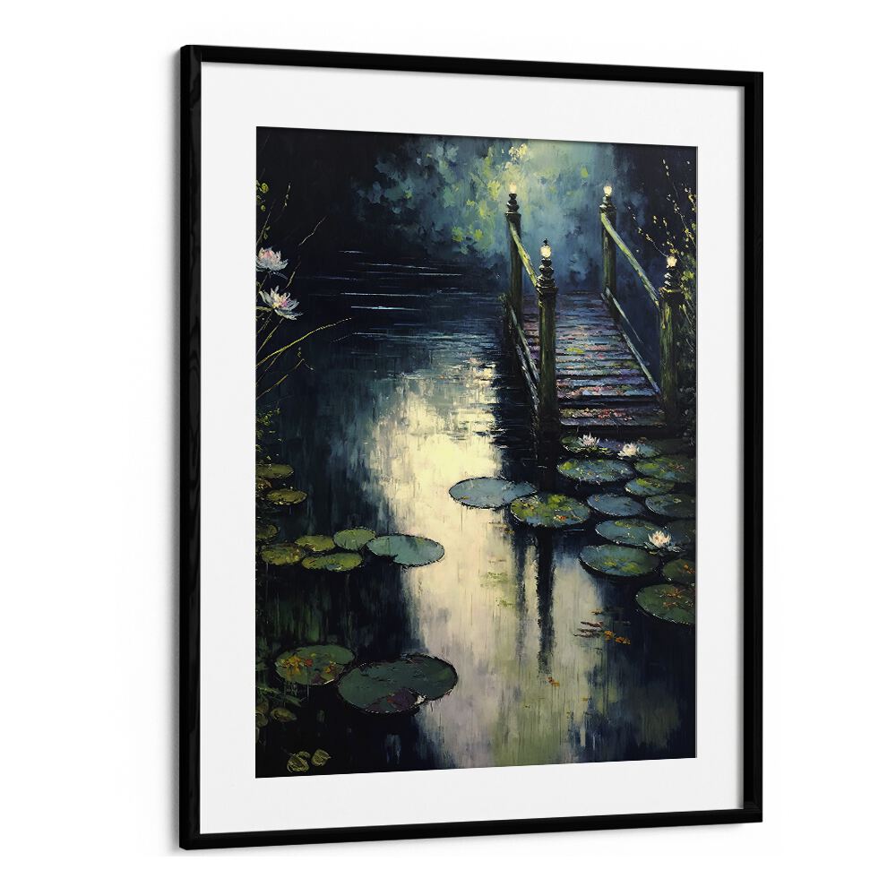 Footbridge by the Water by Treechild Landscape Art Prints in Black Frame With Mount